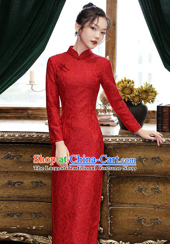 Chinese Traditional National Costume Bride Cheongsam Classical Wedding Dark Red Lace Qipao Dress