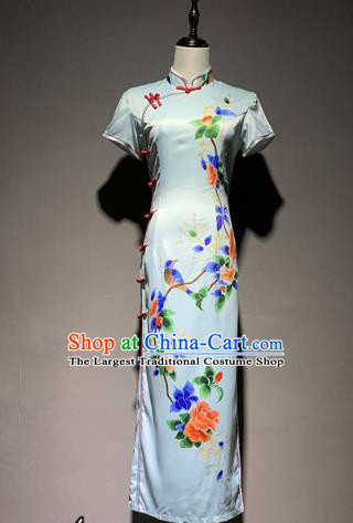 China Classical Dance Qipao Dress Printing Peony Silk Cheongsam Catwalks Stage Performance Costume