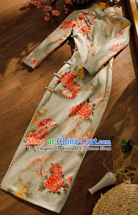 Chinese Traditional Young Beauty Cheongsam Clothing Classical Printing Peony Light Green Qipao Dress
