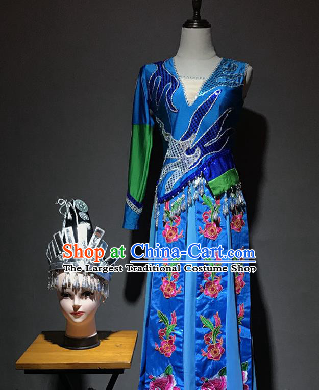 Chinese Shui Nationality Girl Costumes Ethnic Minority Folk Dance Blue Dress and Hair Accessories