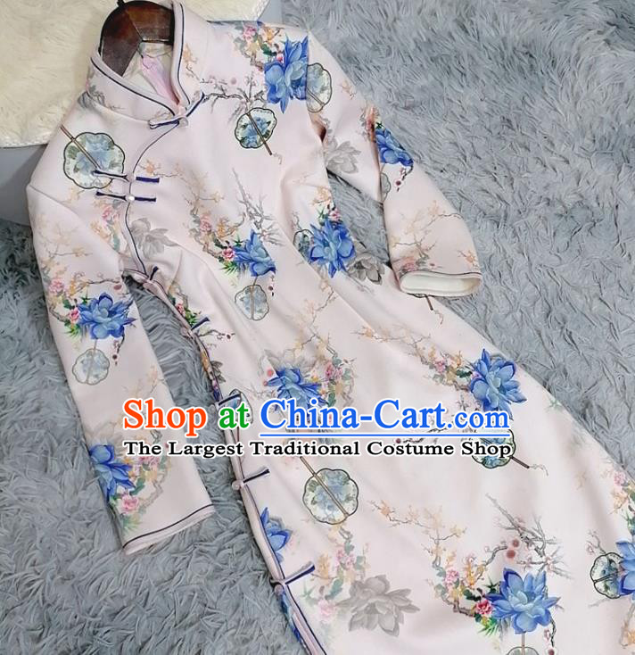 Chinese Classical Printing Blue Mangnolia Qipao Dress Traditional Shanghai Women Cheongsam Clothing