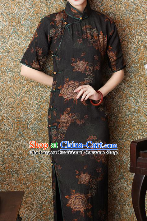 Chinese Slim Qipao Dress Traditional Printing Peony Black Tencel Cheongsam National Shanghai Beauty Costume