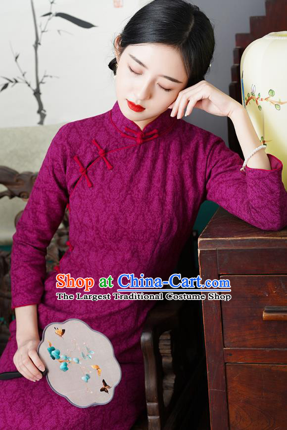 Chinese Traditional Jacquard Rosy Cheongsam National Young Lady Costume Classical Qipao Dress