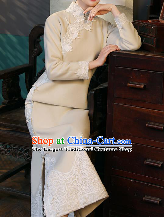 Chinese National Shanghai Woman Costume Traditional Beige Woolen Cheongsam Classical Lace Qipao Dress