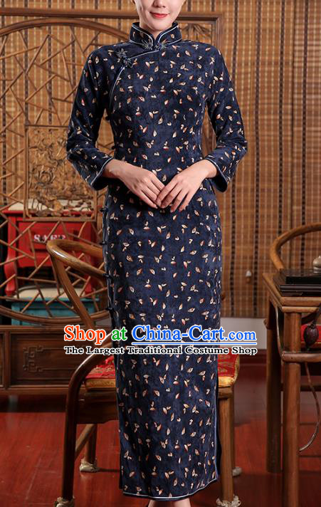 Chinese Traditional Clothing Classical Dance Cheongsam Classical Navy Corduroy Qipao Dress