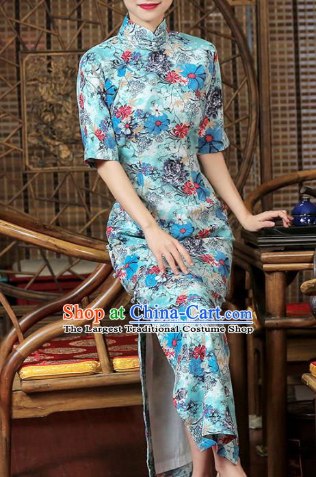 Chinese Traditional Printing Flowers Cheongsam Clothing Classical Light Blue Flax Qipao Dress
