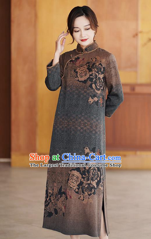 Chinese Classical Printing Brown Silk Qipao Dress Traditional Gambiered Guangdong Gauze Cheongsam