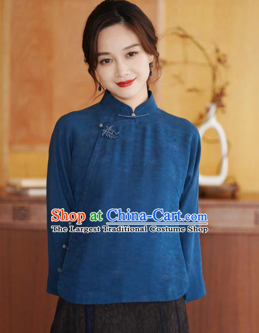 China National Blue Silk Shirt Traditional Jacquard Watered Gauze Blouse Top Garment