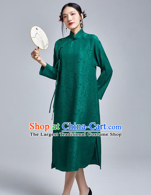 China Classical Silk Cheongsam Costume Traditional Young Lady Deep Green Brocade Qipao Dress