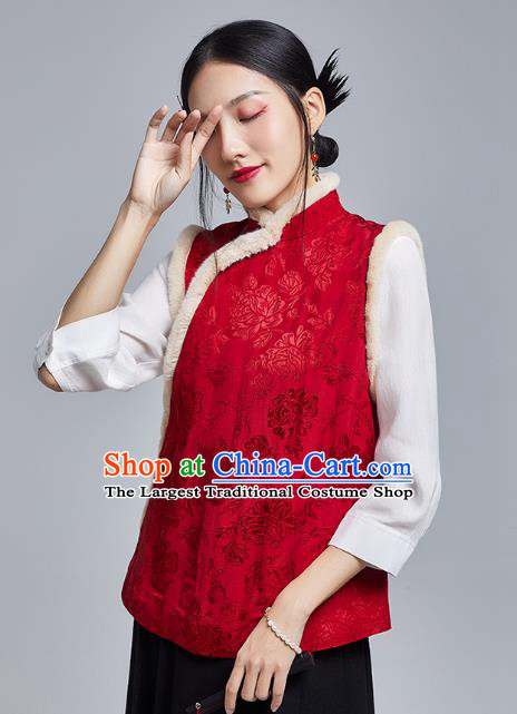 Chinese Traditional Tang Suit Upper Outer Garment National Red Brocade Cotton Wadded Vest