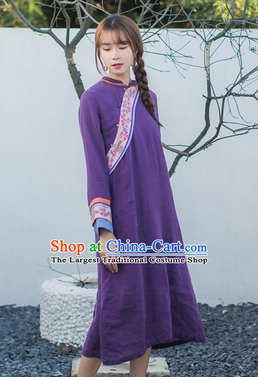 China Classical Embroidered Purple Cheongsam Traditional Young Lady Slant Opening Qipao Dress