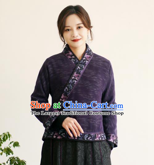 China Classical Embroidered Slant Opening Jacket National Purple Silk Short Coat