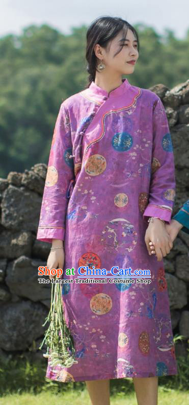 China Traditional Tang Suit Young Lady Qipao Dress Classical Printing Purple Flax Cheongsam
