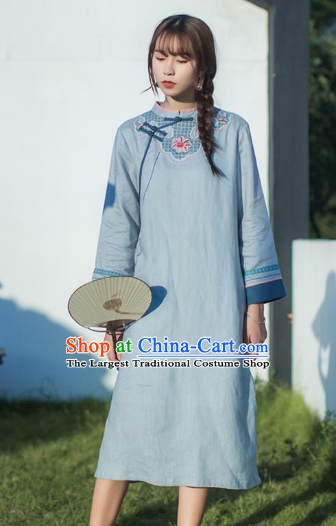 China Traditional Young Lady Light Blue Flax Qipao Dress Classical Embroidered Cheongsam