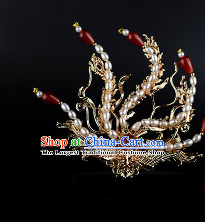 Chinese Traditional Wedding Hair Accessories Ancient Ming Dynasty Empress Pearls Golden Phoenix Hair Crown