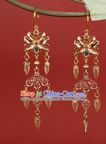 China Traditional Tang Dynasty Princess Ear Accessories Ancient Palace Lady Golden Lotus Earrings