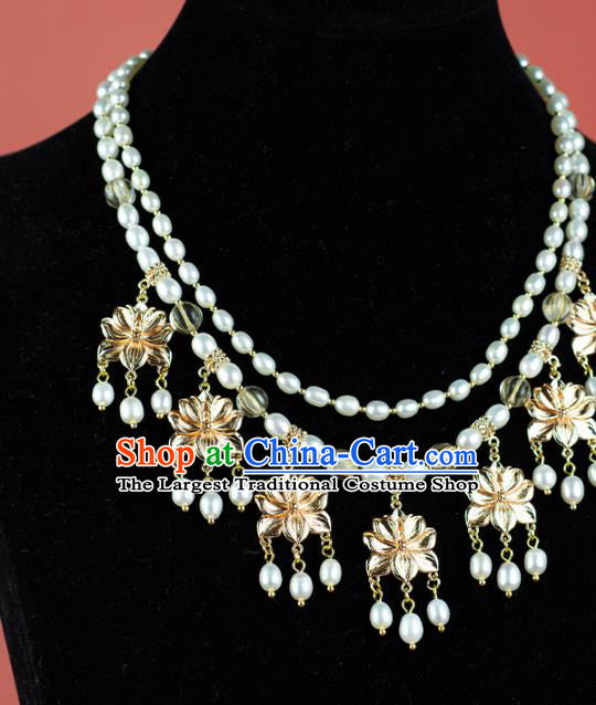 China Classical Golden Lotus Necklace Accessories Traditional Tang Dynasty Princess Pearls Necklet