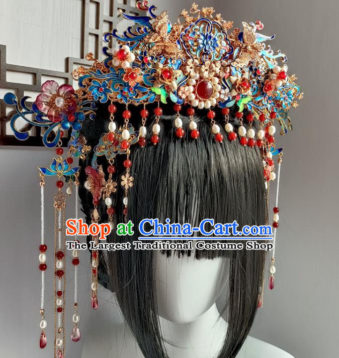 Chinese Ancient Empress Cloisonne Hair Crown Hanfu Hair Accessories Traditional Qing Dynasty Phoenix Coronet