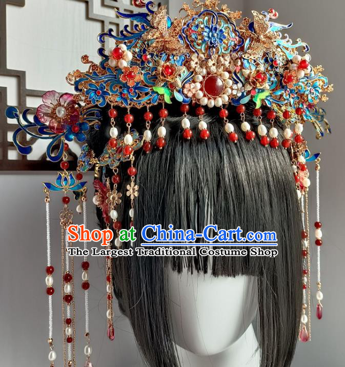Chinese Ancient Empress Cloisonne Hair Crown Hanfu Hair Accessories Traditional Qing Dynasty Phoenix Coronet