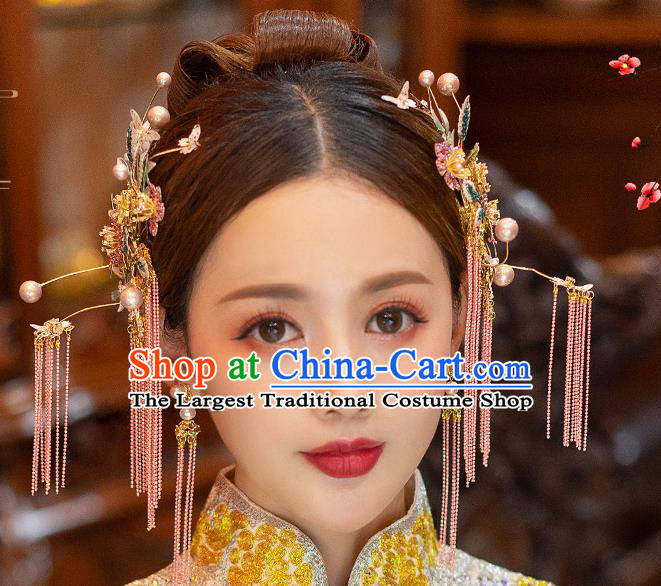 Chinese Bride Headdress Traditional Wedding Hair Accessories Classical Xiuhe Suit Pink Tassel Hair Sticks