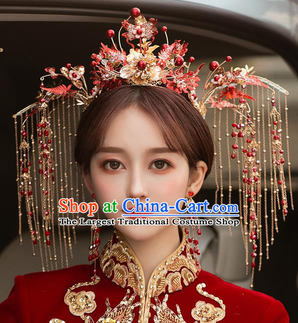 Chinese Bride Red Phoenix Coronet Classical Xiuhe Suit Crystal Hair Crown Traditional Wedding Hair Accessories