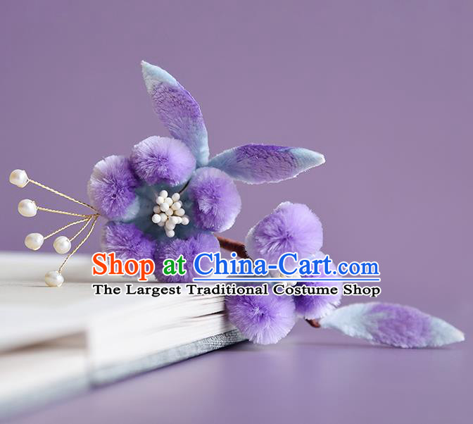 Chinese Handmade Purple Velvet Plum Blossom Hair Stick Traditional Hanfu Hairpin Headwear