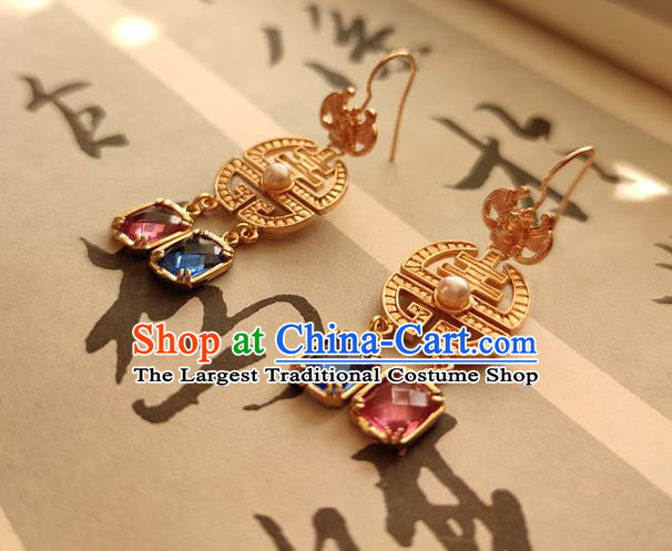 China Handmade Ancient Empress Golden Bat Earrings Jewelry Traditional Ming Dynasty Queen Ear Accessories