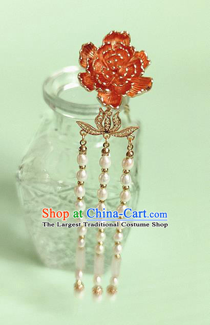 Chinese Traditional Tang Dynasty Pearls Tassel Hair Stick Ancient Empress Golden Peony Hairpin