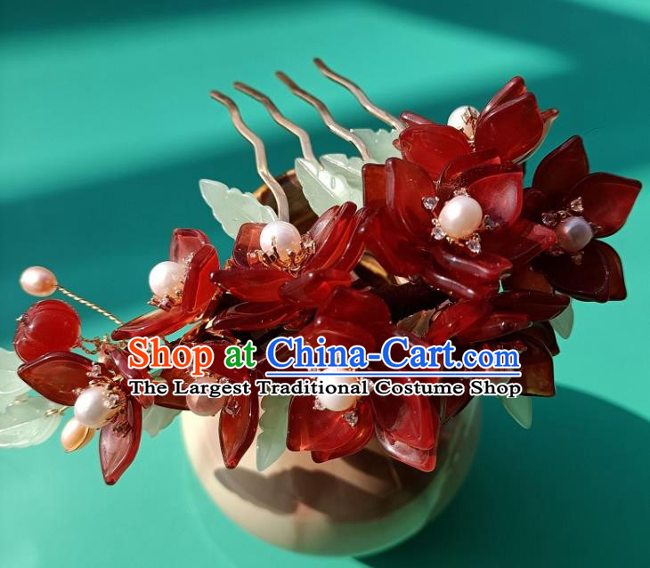 Chinese Traditional Ming Dynasty Red Flowers Hair Comb Ancient Princess Hairpin Hanfu Hair Accessories