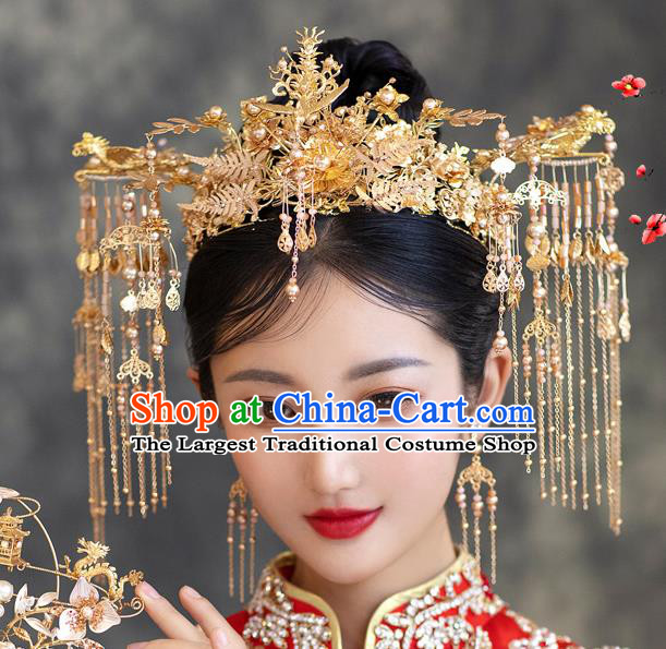 Chinese Xiuhe Suit Golden Hair Crown Classical Bride Phoenix Coronet Traditional Wedding Hair Accessories