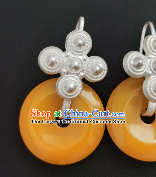 China Traditional Yi Nationality Silver Ear Accessories Handmade Liangshan Ethnic Yellow Peace Buckle Earrings