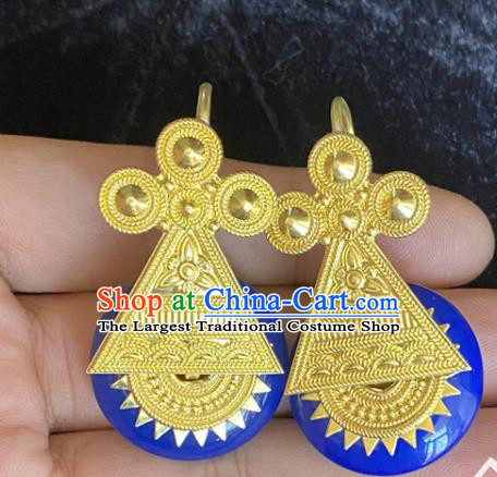 China Traditional Yi Nationality Folk Dance Ear Accessories Handmade Liangshan Ethnic Bride Golden Earrings