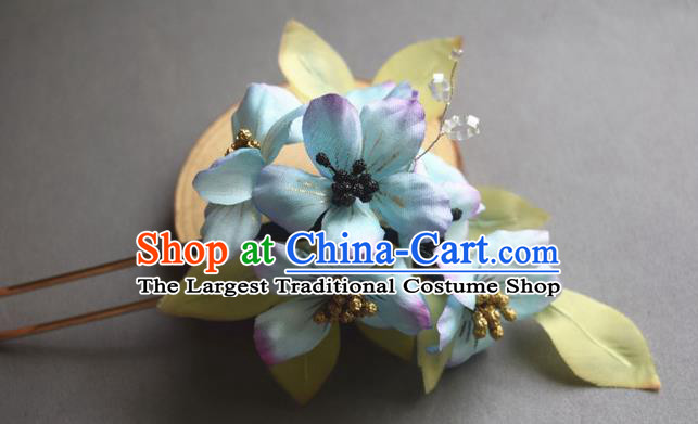 Chinese Classical Cheongsam Hairpin Traditional Hanfu Blue Silk Flowers Hair Stick