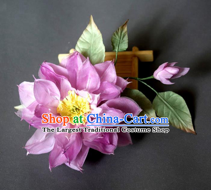 Chinese Ancient Young Beauty Hairpin Traditional Tang Dynasty Purple Silk Lotus Hair Stick