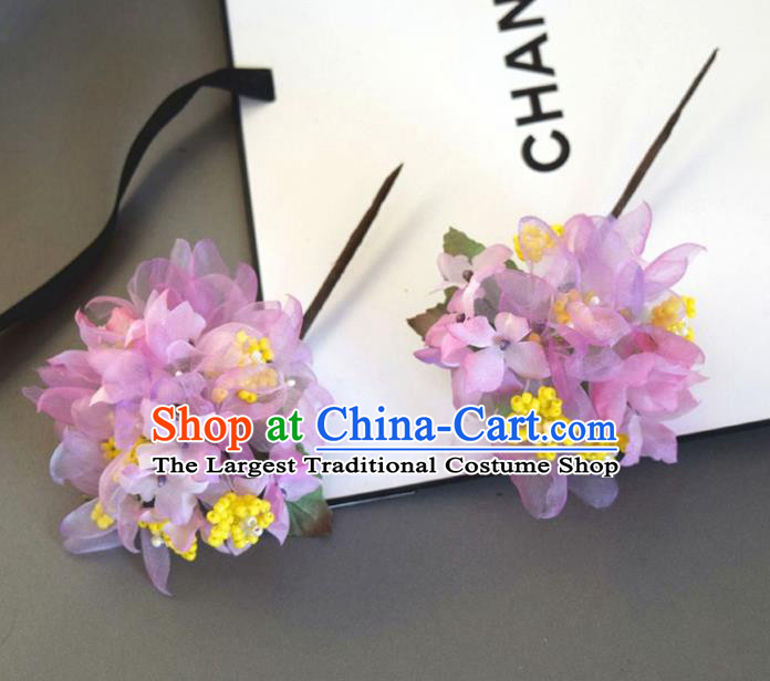Chinese Handmade Qipao Dress Hydrangea Hairpin Traditional Hanfu Violet Silk Flowers Hair Stick