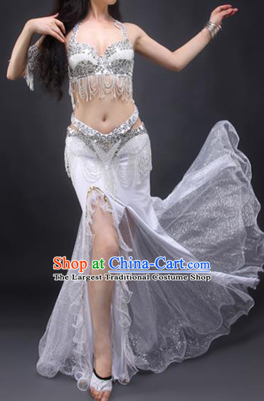 Traditional Oriental Dance Costume India Belly Dance Beads Tassel White Bra and Skirt Asian Indian Raks Sharki Dance Fashion