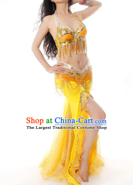 Asian Traditional Indian Raks Sharki Dance Oriental Dance Costume India Belly Dance Competition Beads Tassel Yellow Bra and Skirt