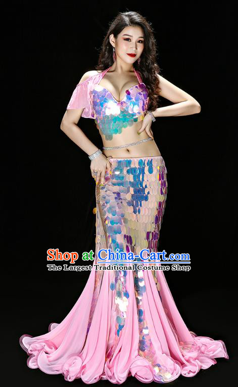 Asian Oriental Dance Sequins Pink Fishtail Dress Traditional Indian Belly Dance Group Performance Costume