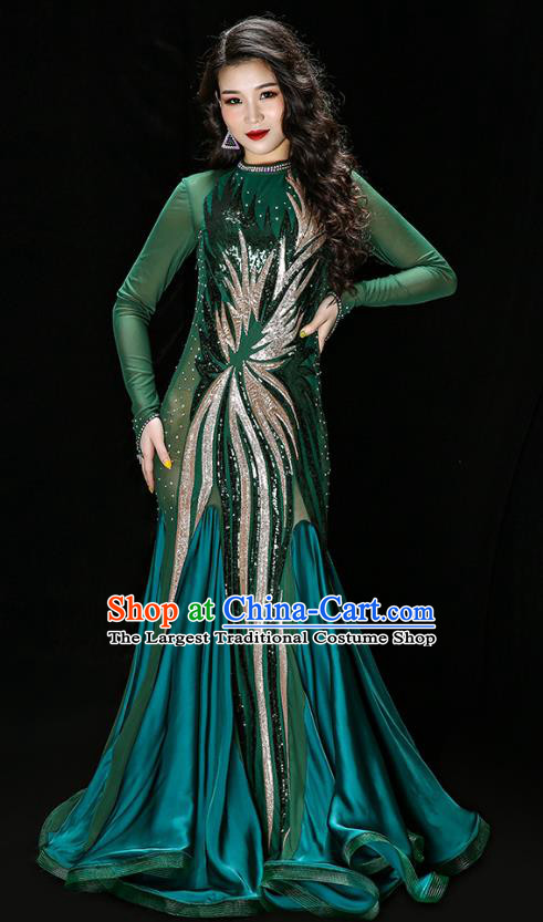 Traditional Oriental Dance Competition Costumes Asian Indian Belly Dance Embroidered Sequins Green Dress