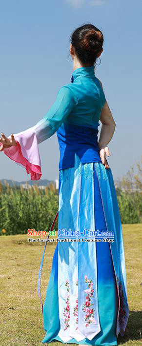 Chinese Fan Dance Clothing Folk Dance Yangko Dance Stage Performance Blue Outfits