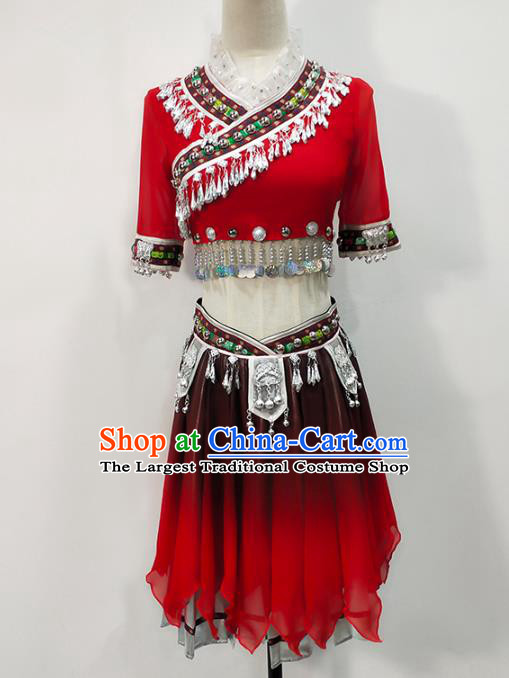 Chinese Xiangxi Hmong Ethnic Folk Dance Dress Traditional Miao Nationality Stage Performance Red Outfits Clothing
