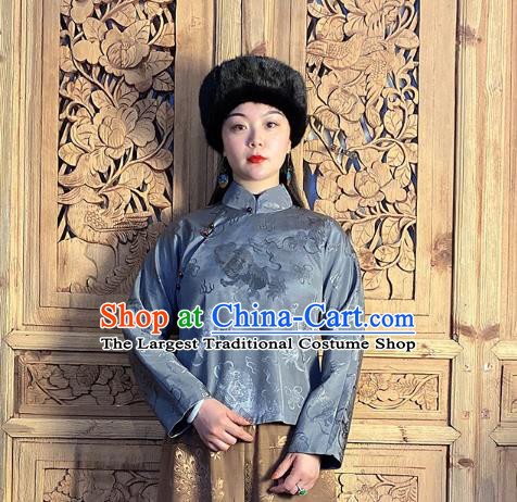 China National Women Clothing Tang Suit Grey Silk Shirt Classical Slant Opening Blouse