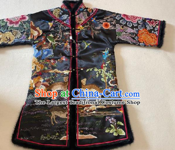Chinese Embroidered Black Silk Jacket Winter Costume National Women Cotton Wadded Coat