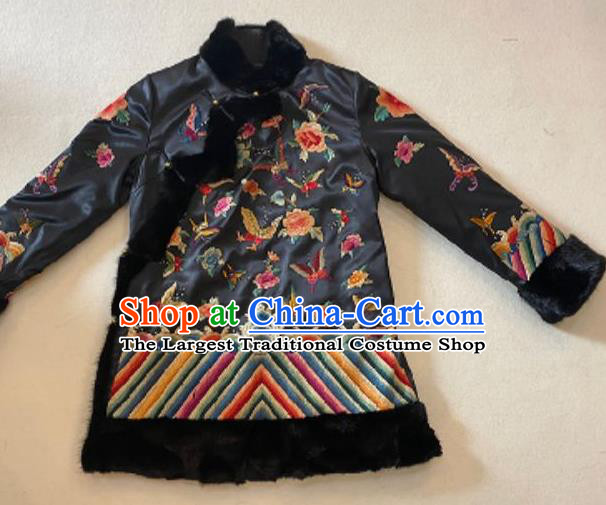 Chinese Embroidered Butterfly Peony Black Silk Jacket Winter Female Costume National Cotton Wadded Coat