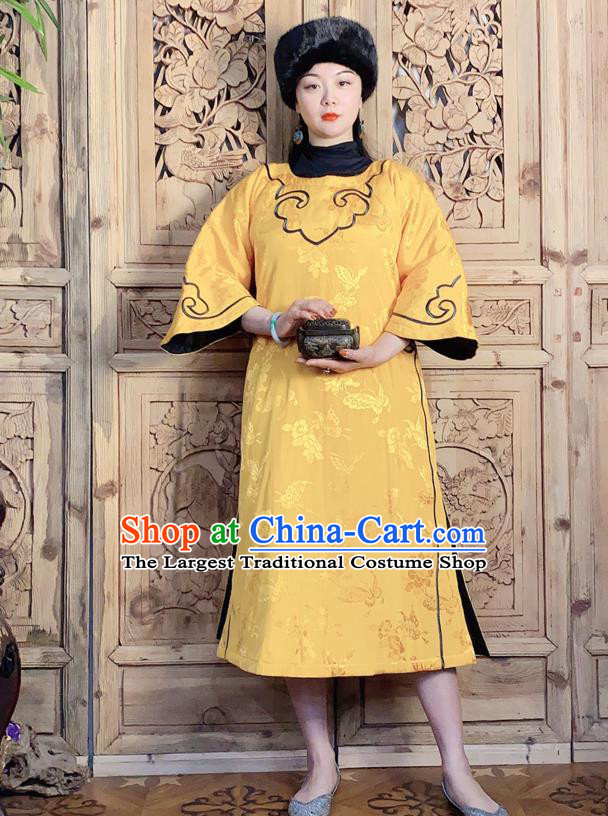 China Women Embroidered Clothing Classical Cheongsam Traditional Wide Sleeve Yellow Silk Qipao Dress