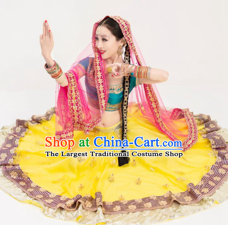 Asian India Traditional Lehenga Clothing Indian Bollywood Dance Stage Performance Blue Blouse and Yellow Skirt