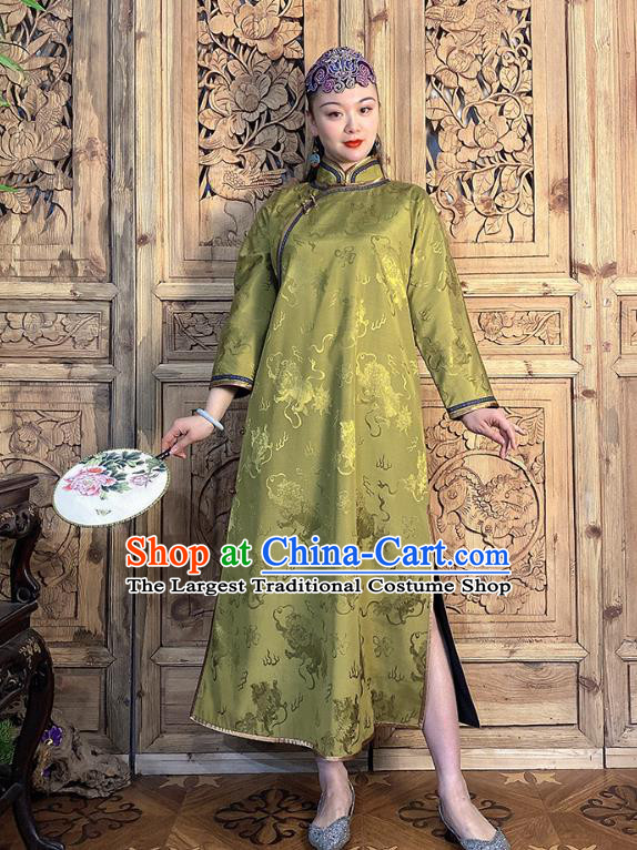 China Classical Kylin Pattern Cheongsam Light Green Silk Qipao Dress Traditional Women Clothing