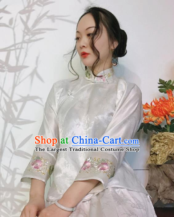 Chinese Traditional Cheongsam Shirt National Embroidered White Silk Blouse