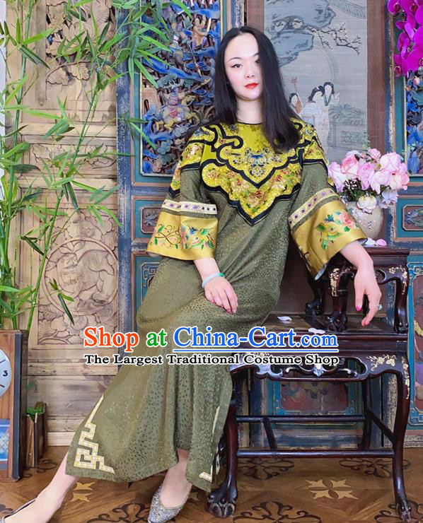 China Hand Embroidered Olive Green Silk Qipao Dress National Cheongsam Costume