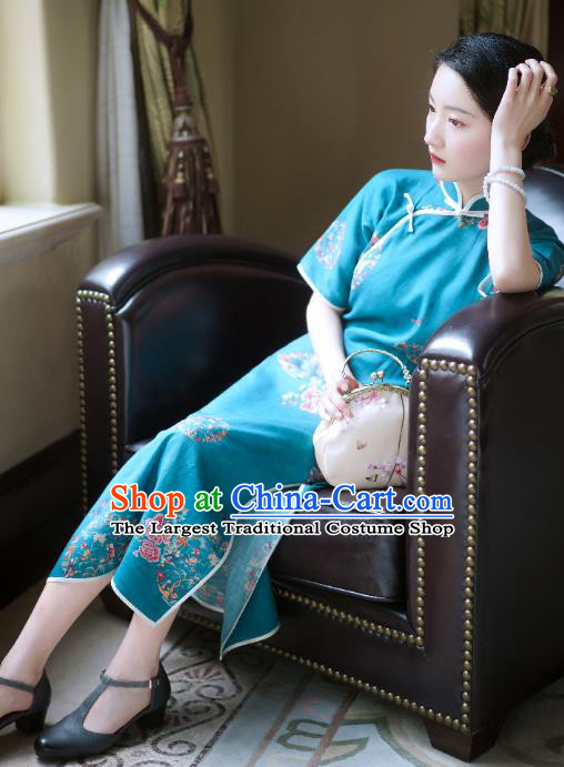 China Classical Stand Collar Cheongsam Clothing Traditional Printing Flowers Blue Flax Qipao Dress
